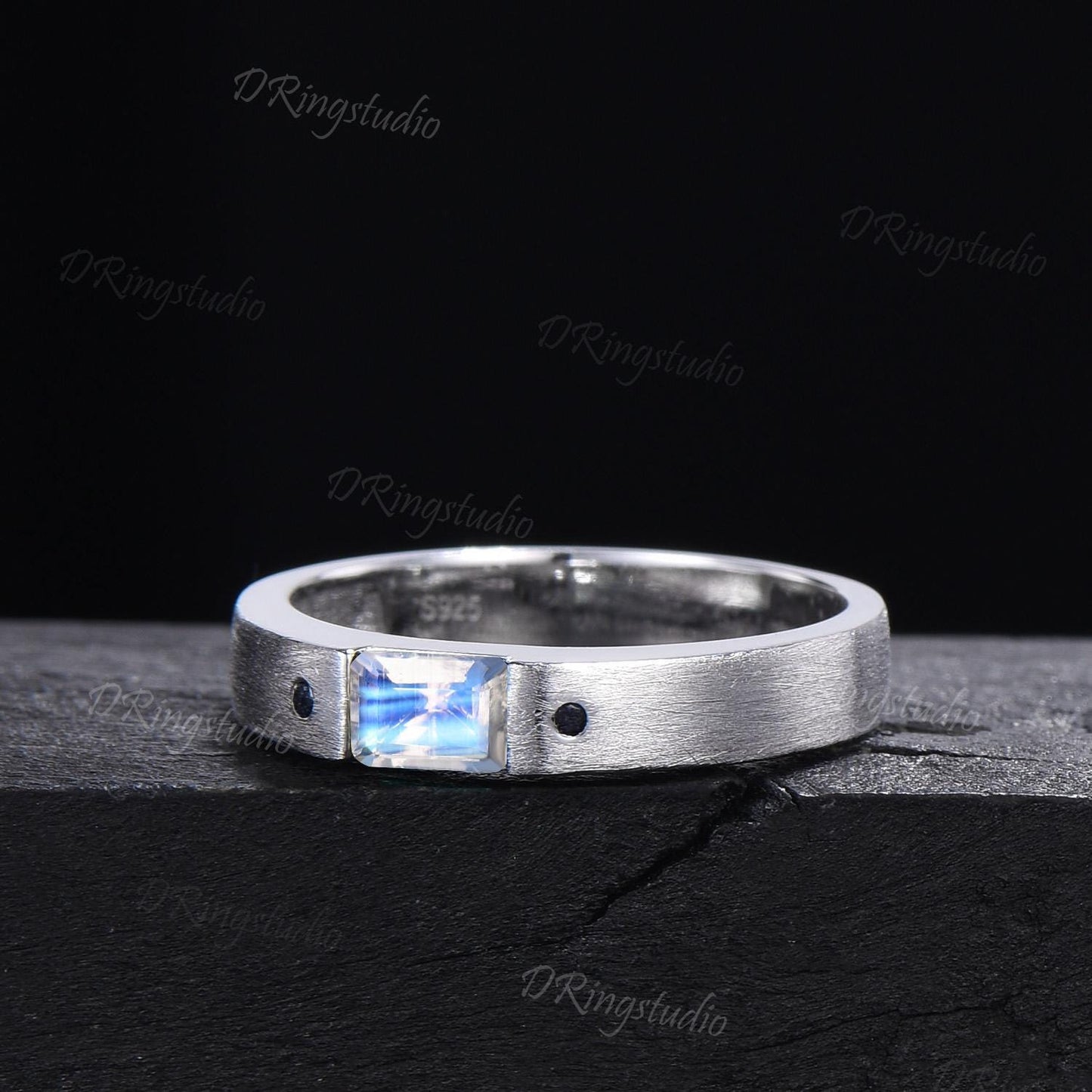 14k Solid Gold Natural Moonstone Mens Wedding Band 4mm Matte Wedding Band Unique Emerald Cut Moonstone Band Brushed Band Unisex Promise Ring