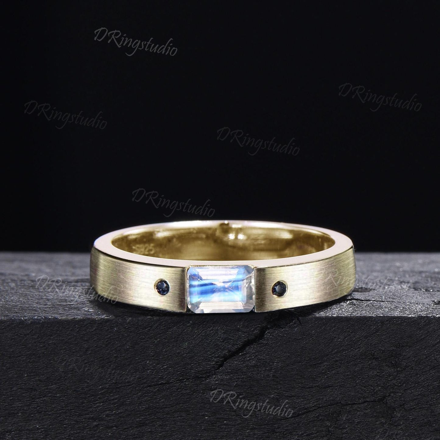14k Solid Gold Natural Moonstone Mens Wedding Band 4mm Matte Wedding Band Unique Emerald Cut Moonstone Band Brushed Band Unisex Promise Ring