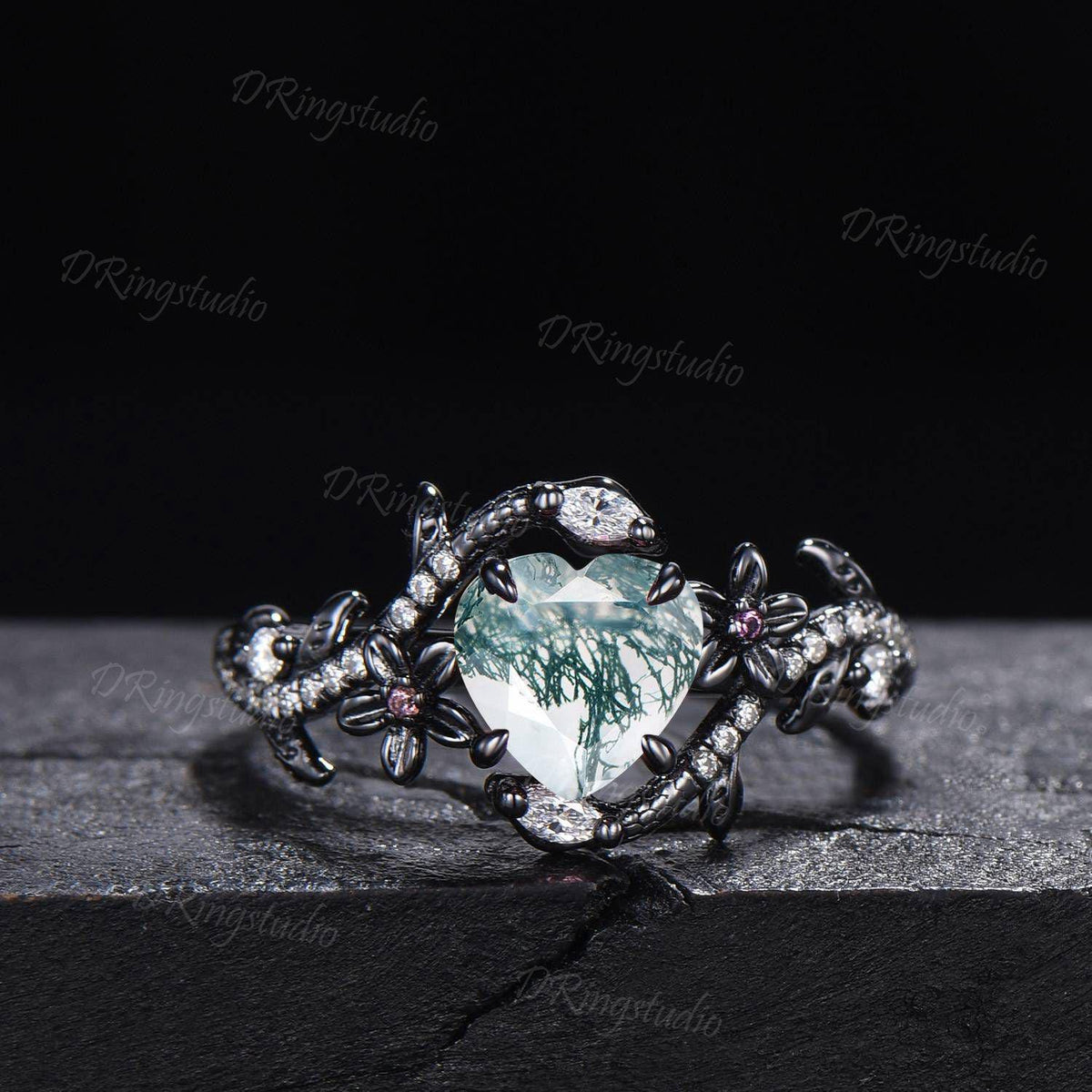 Heart Cut Natural Moss Agate Engagement Ring Black Gold Green Moss Floral Wedding Ring Snake Diamond Ring Witchy Ring Proposal Gift for Her
