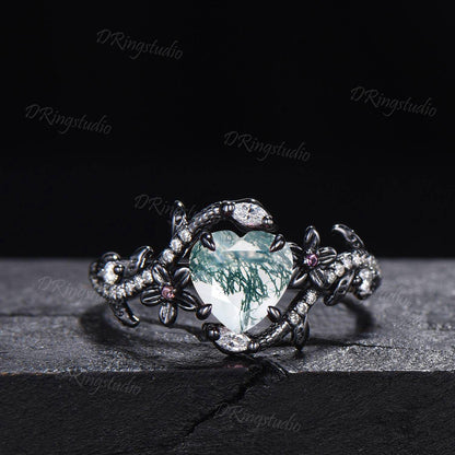 Heart Cut Natural Moss Agate Engagement Ring Black Gold Green Moss Floral Wedding Ring Snake Diamond Ring Witchy Ring Proposal Gift for Her