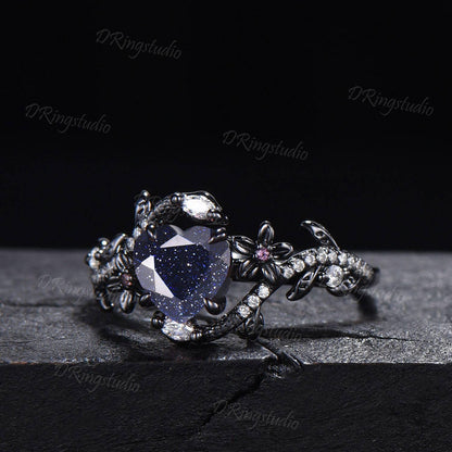 Black Gold Snake Ring Heart Galaxy Blue Sandstone Engagement Ring Gothic Black Nature Inspired Leaf Flower Wedding Ring Cluster Diamond Ring