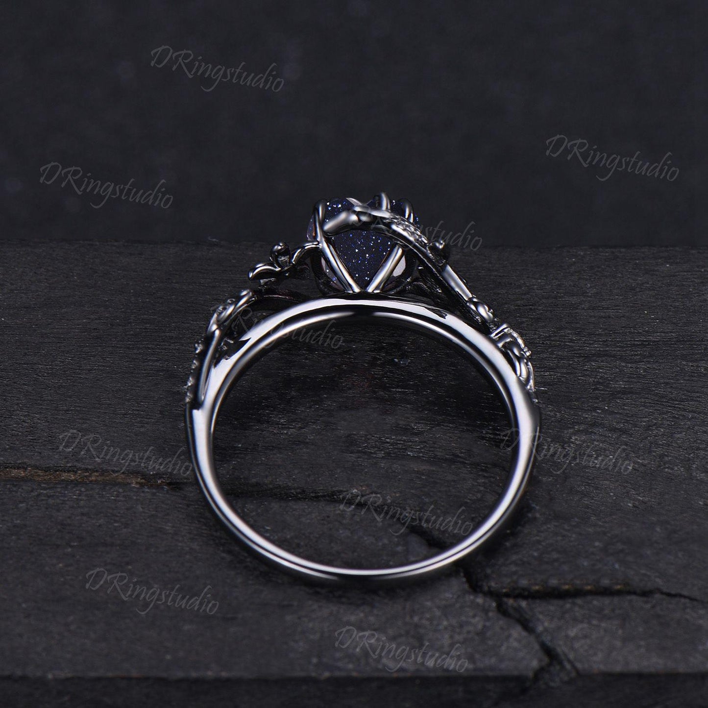 Black Gold Snake Ring Heart Galaxy Blue Sandstone Engagement Ring Gothic Black Nature Inspired Leaf Flower Wedding Ring Cluster Diamond Ring
