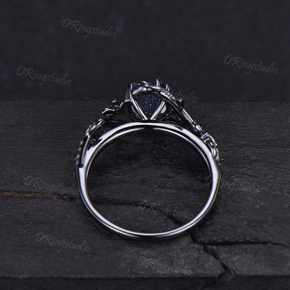 Black Gold Snake Ring Heart Galaxy Blue Sandstone Engagement Ring Gothic Black Nature Inspired Leaf Flower Wedding Ring Cluster Diamond Ring