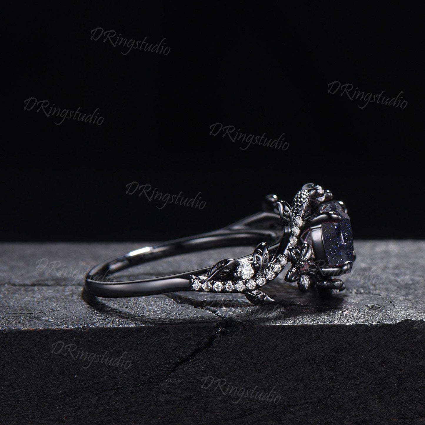 Black Gold Snake Ring Heart Galaxy Blue Sandstone Engagement Ring Gothic Black Nature Inspired Leaf Flower Wedding Ring Cluster Diamond Ring