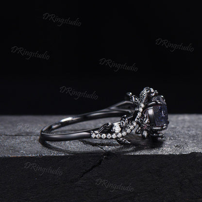 Black Gold Snake Ring Heart Galaxy Blue Sandstone Engagement Ring Gothic Black Nature Inspired Leaf Flower Wedding Ring Cluster Diamond Ring