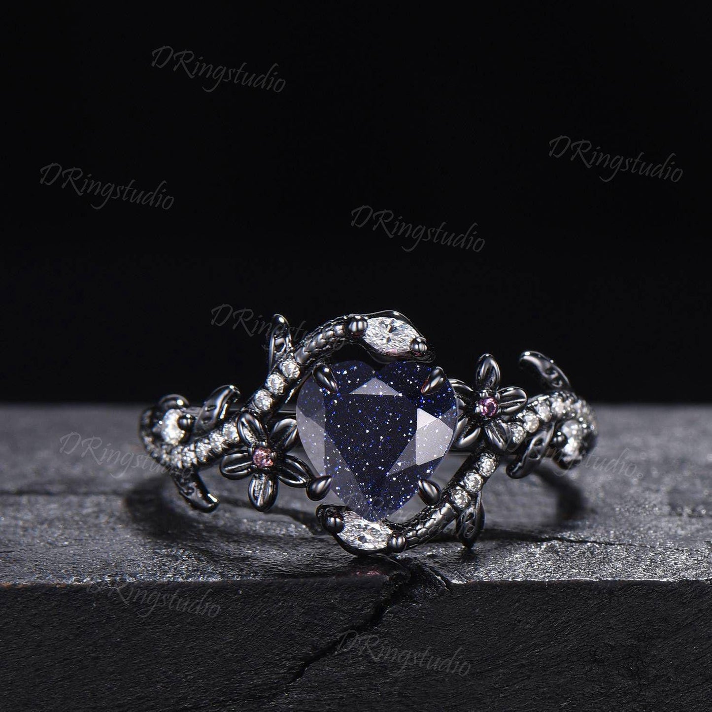 Black Gold Snake Ring Heart Galaxy Blue Sandstone Engagement Ring Gothic Black Nature Inspired Leaf Flower Wedding Ring Cluster Diamond Ring