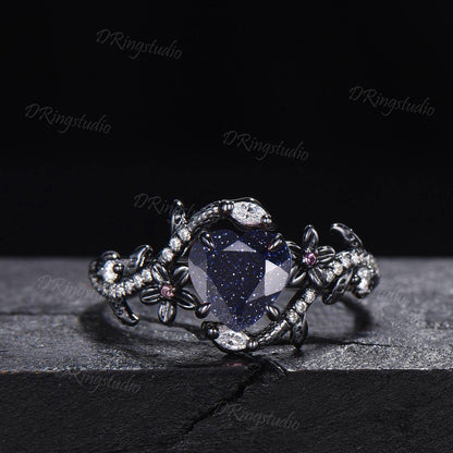 Black Gold Snake Ring Heart Galaxy Blue Sandstone Engagement Ring Gothic Black Nature Inspired Leaf Flower Wedding Ring Cluster Diamond Ring