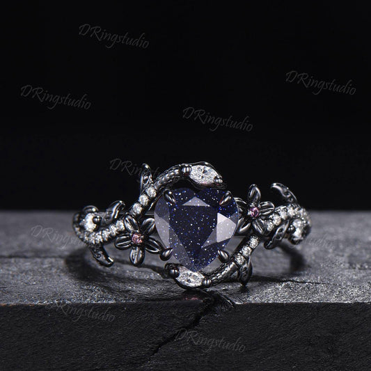 Black Gold Snake Ring Heart Galaxy Blue Sandstone Engagement Ring Gothic Black Nature Inspired Leaf Flower Wedding Ring Cluster Diamond Ring