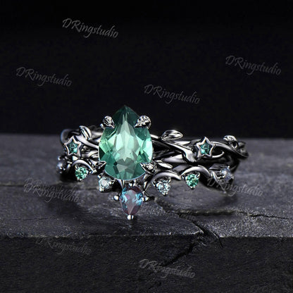Vintage Pear Green Sapphire Engagement Ring Black Gold Wedding Ring Set Moon Star Promise Ring Cluster Alexandrite Teal Sapphire Bridal Set