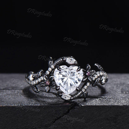 1CT Heart Cut Moissanite Engagement Ring Black Gold Double Snake Ring Cluster Moissanite Diamond Ring Black Flower Wedding Ring Women Gift