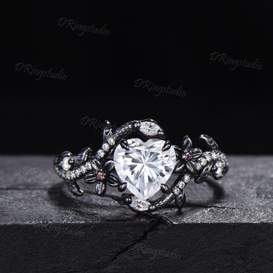 1CT Heart Cut Moissanite Engagement Ring Black Gold Double Snake Ring Cluster Moissanite Diamond Ring Black Flower Wedding Ring Women Gift