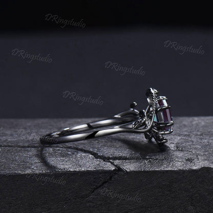 Black Gold Snake Ring Hexagon Cut Alexandrite Engagement Ring Gothic Black Twig Leaf Serpent Wedding Ring June Birthstone Ring Proposal Gift
