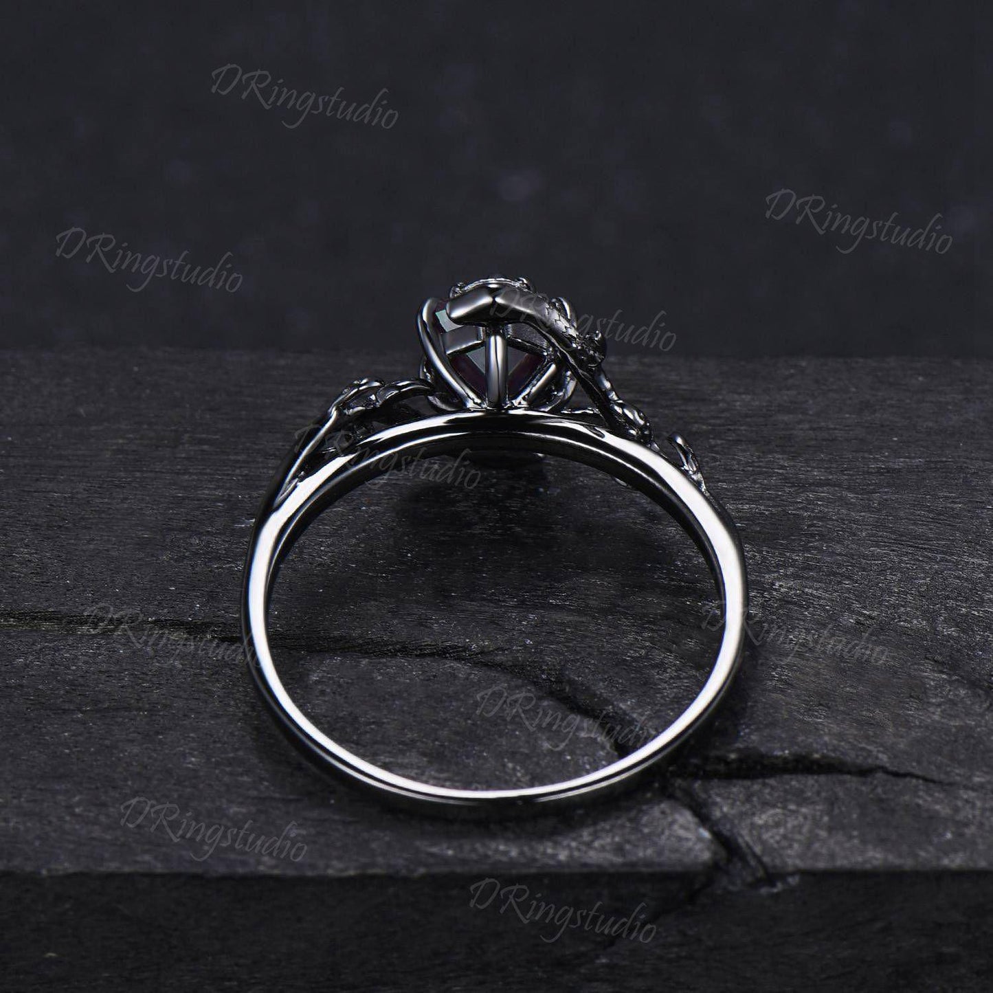 Black Gold Snake Ring Hexagon Cut Alexandrite Engagement Ring Gothic Black Twig Leaf Serpent Wedding Ring June Birthstone Ring Proposal Gift