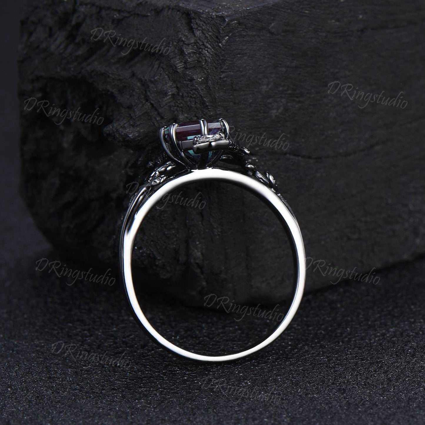Black Gold Snake Ring Hexagon Cut Alexandrite Engagement Ring Gothic Black Twig Leaf Serpent Wedding Ring June Birthstone Ring Proposal Gift