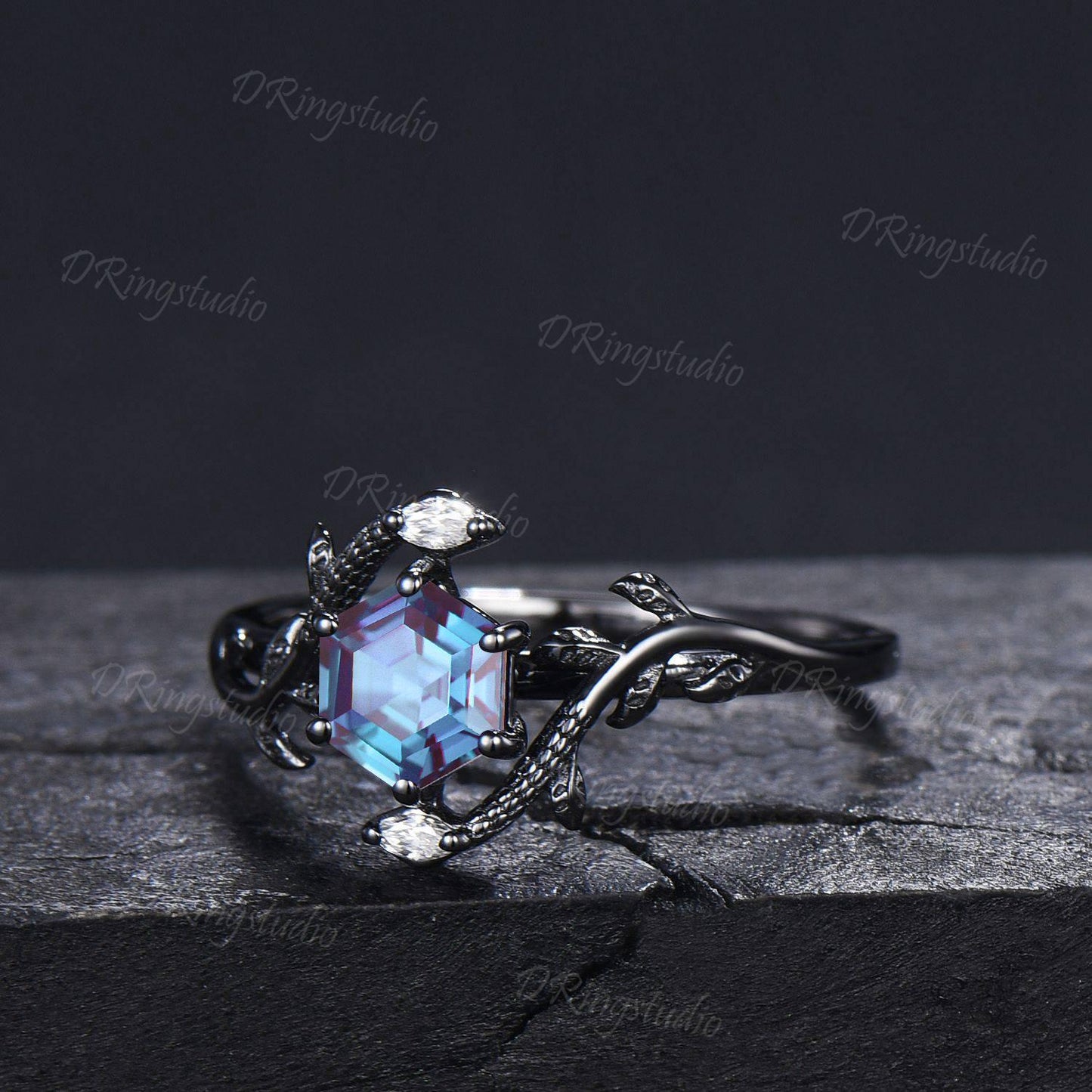 Black Gold Snake Ring Hexagon Cut Alexandrite Engagement Ring Gothic Black Twig Leaf Serpent Wedding Ring June Birthstone Ring Proposal Gift