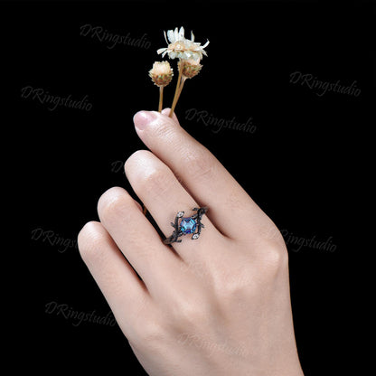 Black Gold Snake Ring Hexagon Cut Alexandrite Engagement Ring Gothic Black Twig Leaf Serpent Wedding Ring June Birthstone Ring Proposal Gift