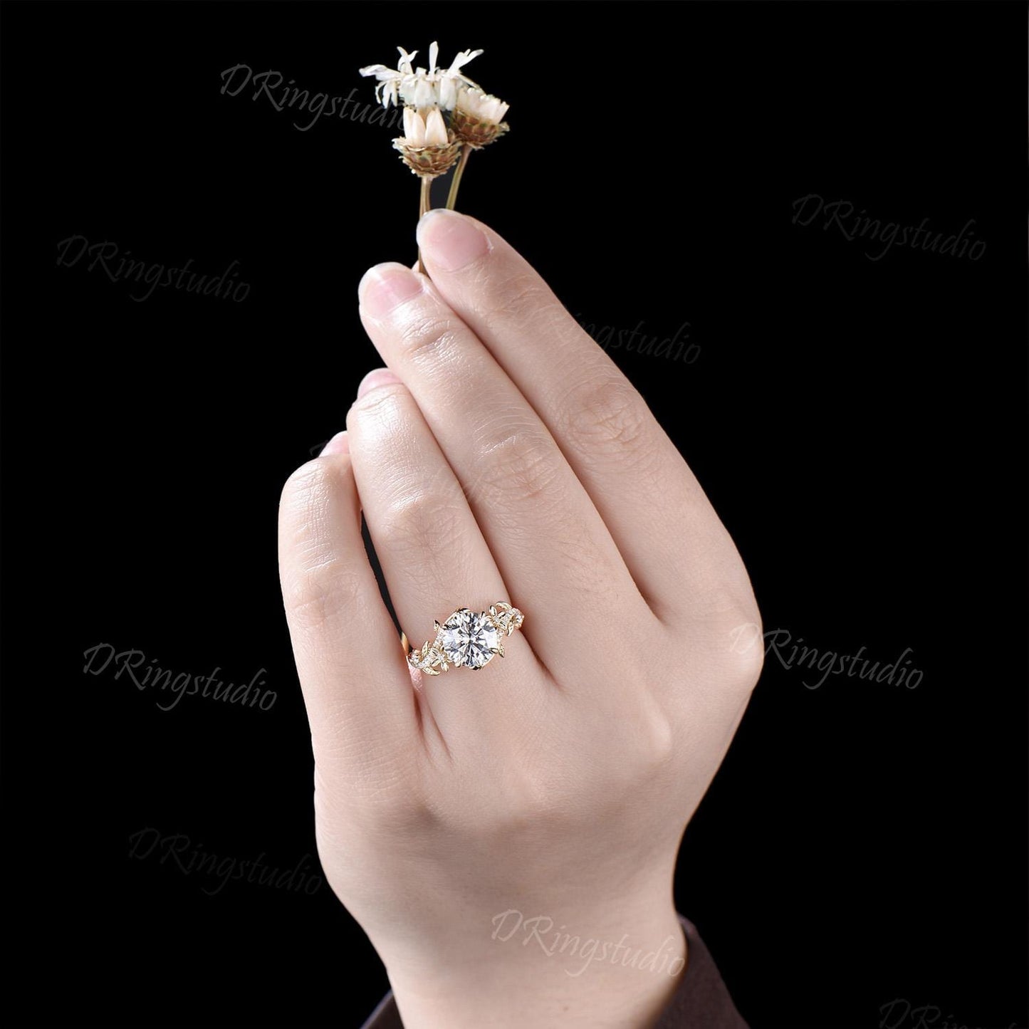 2.5CT Round Cut Moissanite Engagement Ring 14k Solid Gold Floral Wedding Ring Women Gift
