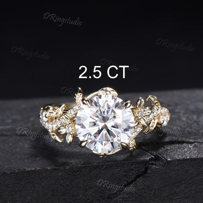 2.5CT Round Cut Lab Diamond Engagement Ring 14k Rose Gold Floral Promise Wedding Ring Leaf Branch IGI Certified Diamond Ring Promise Gift