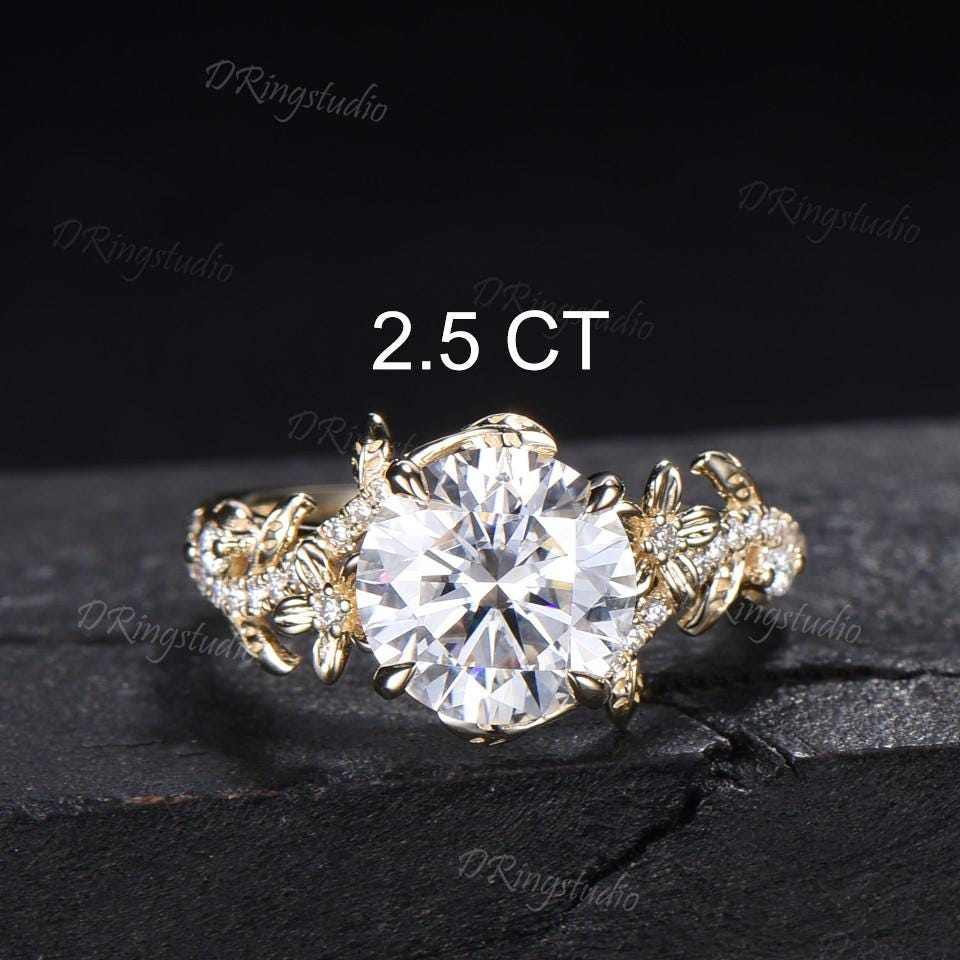 2.5CT Round Cut Moissanite Engagement Ring 14k Solid Gold Floral Wedding Ring Women Gift