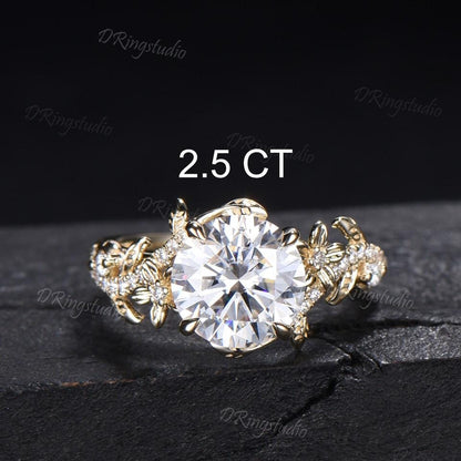2.5CT Round Cut Moissanite Engagement Ring 14k Solid Gold Floral Wedding Ring Women Gift