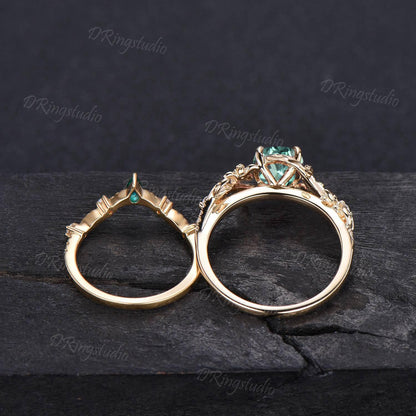 Twig Leaf Green Sapphire Engagement Ring Round Cut Montana Teal Sapphire Moissanite Cluster Wedding Ring Set 14k Gold Nature Inspired Ring