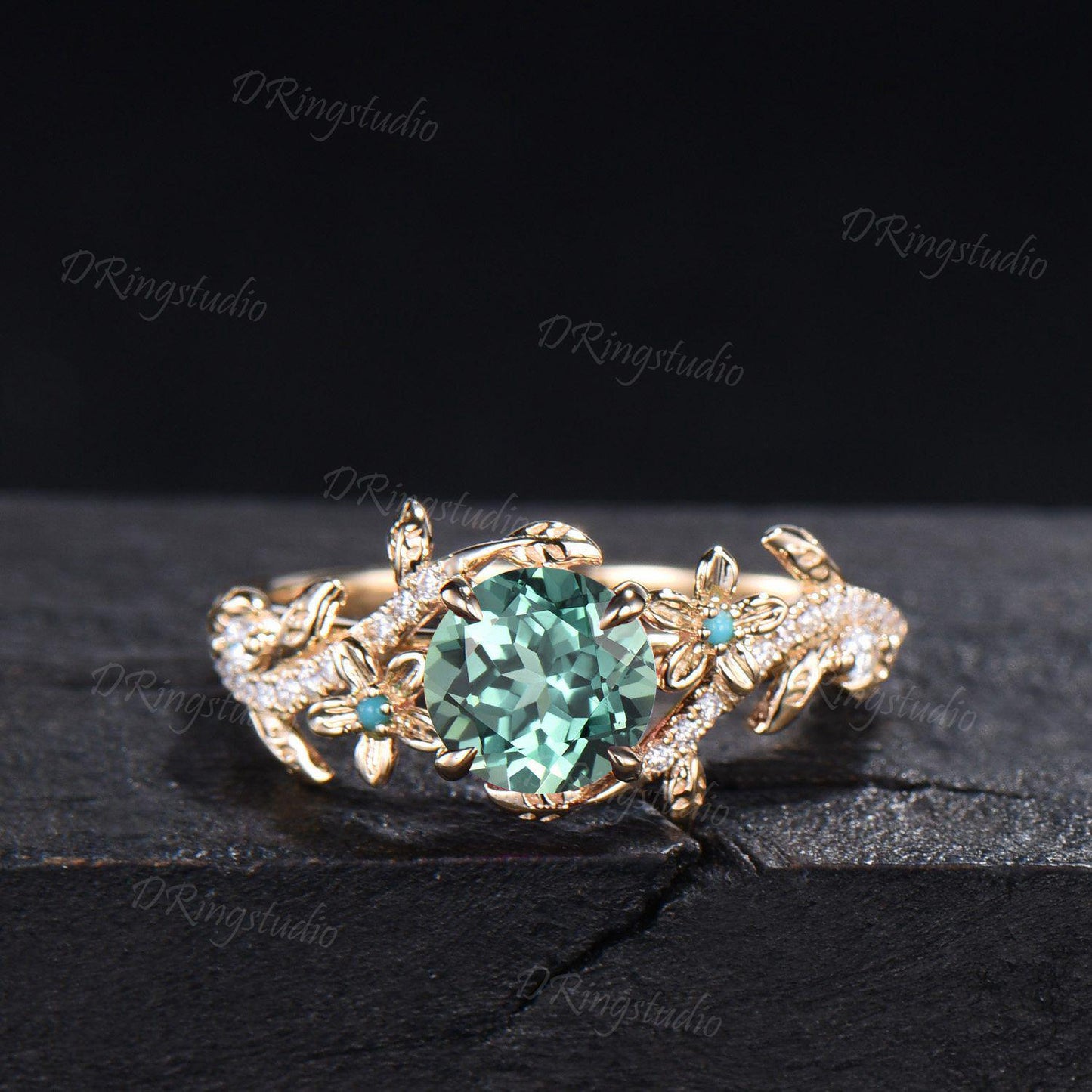 Twig Leaf Green Sapphire Engagement Ring Round Cut Montana Teal Sapphire Moissanite Cluster Wedding Ring Set 14k Gold Nature Inspired Ring