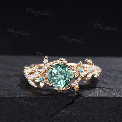 Twig Leaf Green Sapphire Engagement Ring Round Cut Montana Teal Sapphire Moissanite Cluster Wedding Ring Set 14k Gold Nature Inspired Ring