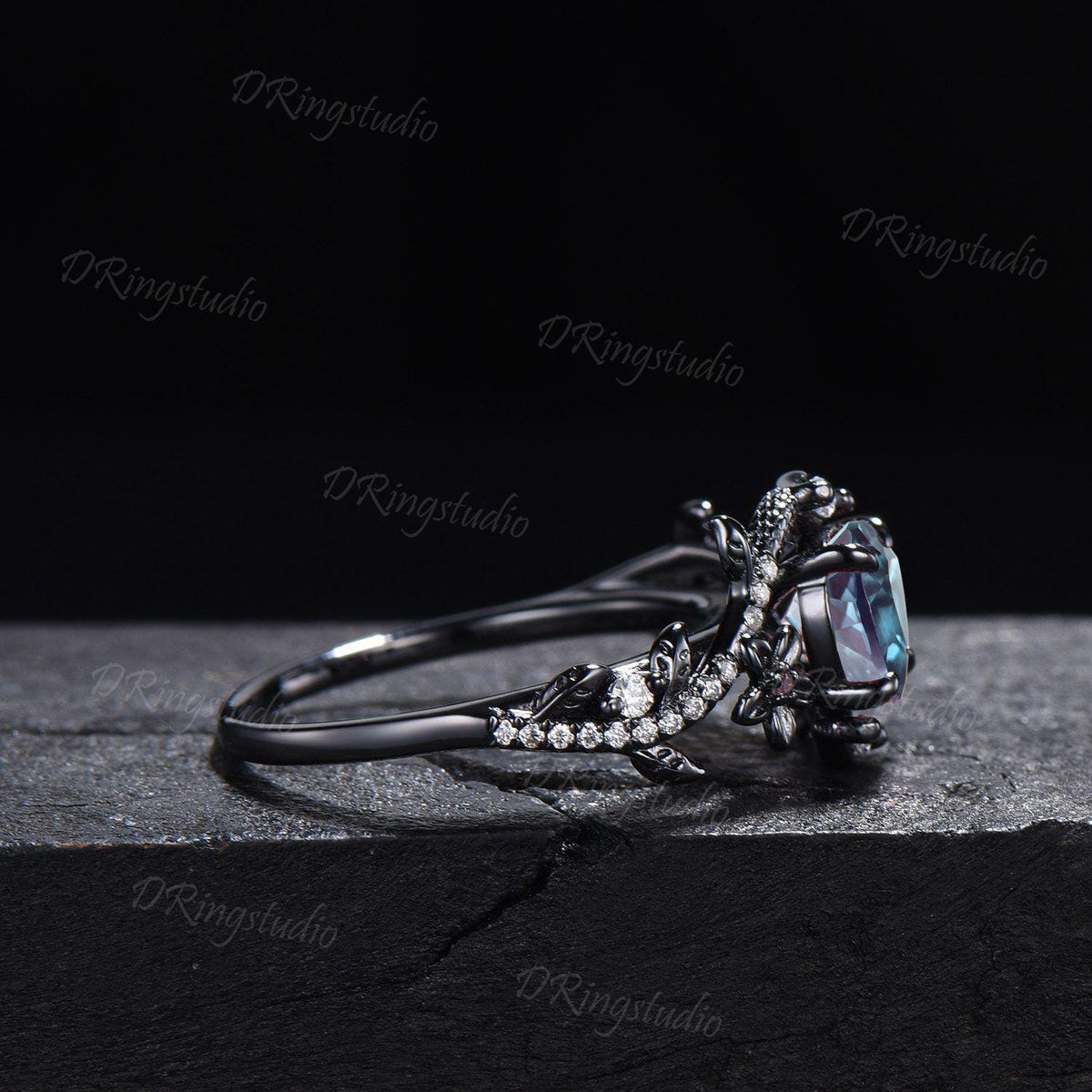 Black Gold Snake Engagement Ring Heart Cut Alexandrite Ring Gothic Black Floral Wedding Ring Moissanite Cluster Ring Witchy Serpent Jewelry
