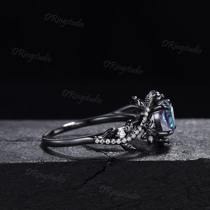 Black Gold Snake Engagement Ring Heart Cut Alexandrite Ring Gothic Black Floral Wedding Ring Moissanite Cluster Ring Witchy Serpent Jewelry