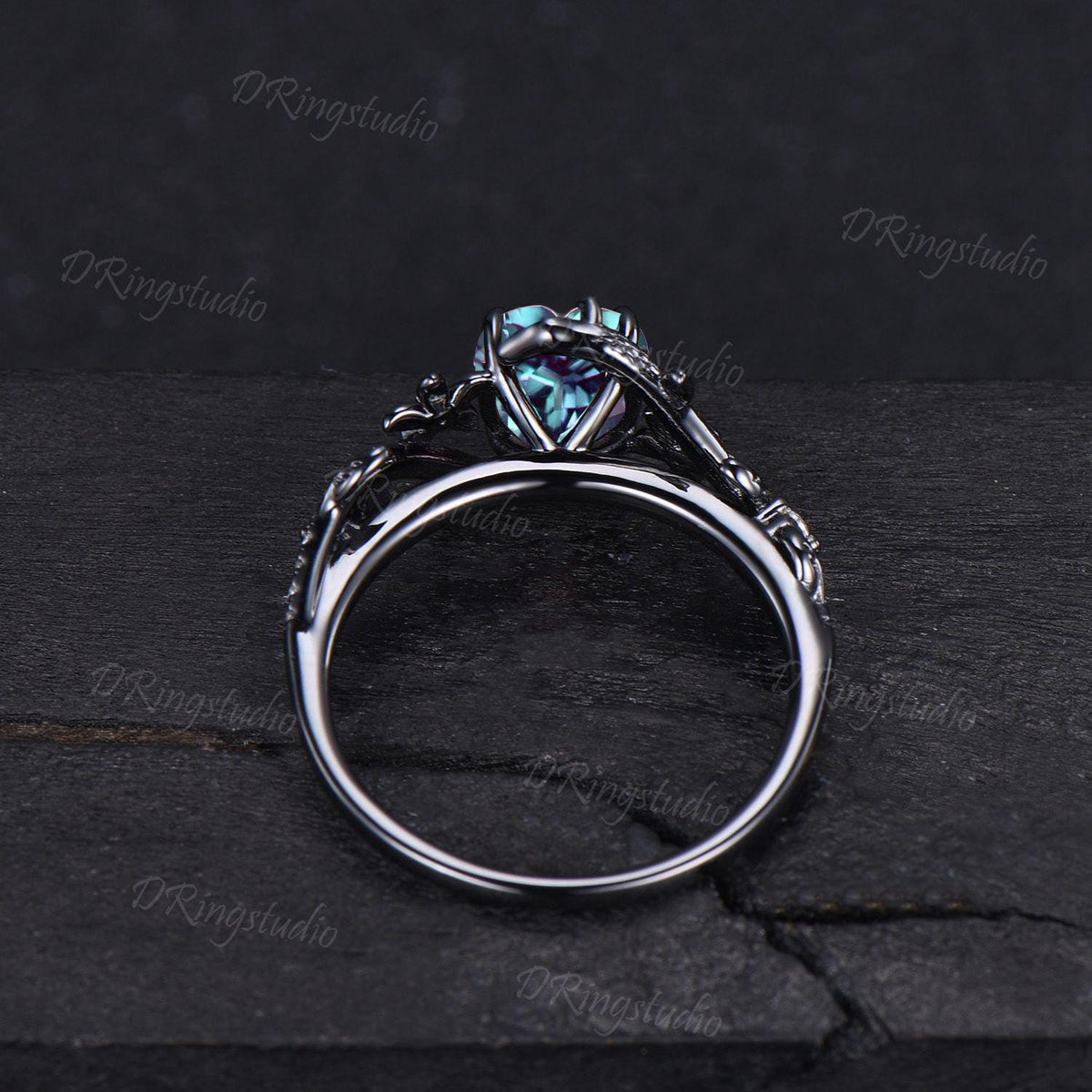 Black Gold Snake Engagement Ring Heart Cut Alexandrite Ring Gothic Black Floral Wedding Ring Moissanite Cluster Ring Witchy Serpent Jewelry