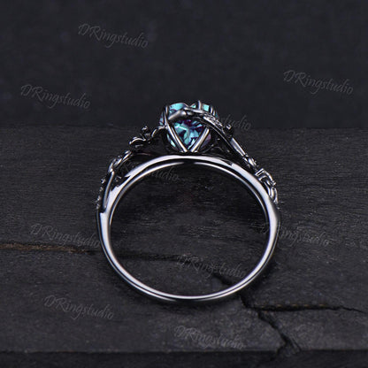 Black Gold Snake Engagement Ring Heart Cut Alexandrite Ring Gothic Black Floral Wedding Ring Moissanite Cluster Ring Witchy Serpent Jewelry
