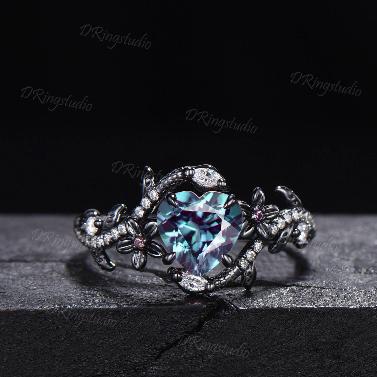 Black Gold Snake Engagement Ring Heart Cut Alexandrite Ring Gothic Black Floral Wedding Ring Moissanite Cluster Ring Witchy Serpent Jewelry