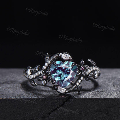 Black Gold Snake Engagement Ring Heart Cut Alexandrite Ring Gothic Black Floral Wedding Ring Moissanite Cluster Ring Witchy Serpent Jewelry