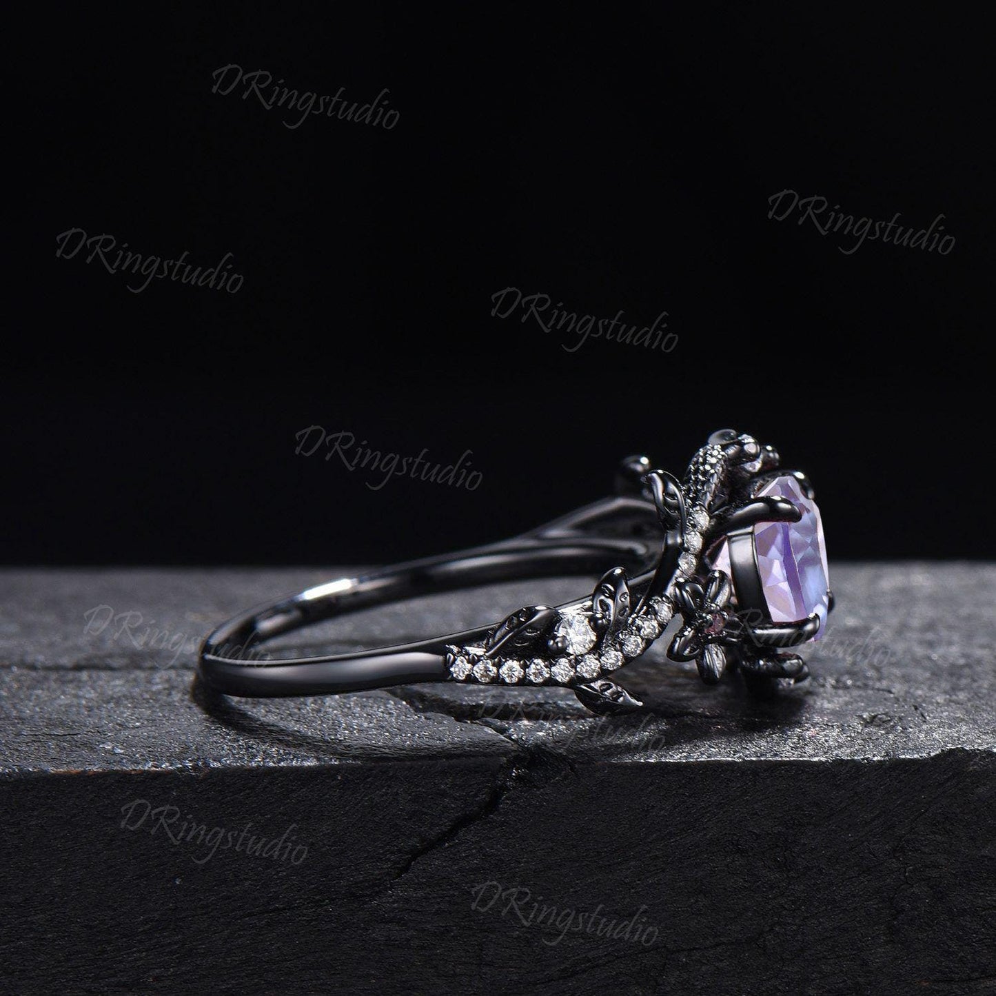 Heart Cut Natural Lavender Amethyst Wedding Ring Goth Black Gold Snake Engagement Ring Serpent Ring Cluster Diamond Promise Ring Women Gift