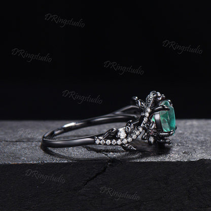 Antique Snake Ring Vintage Heart Cut Green Emerald Engagement Ring Gothic Black Gold Serpent Wedding Ring Black Boho May Birthstone Jewelry