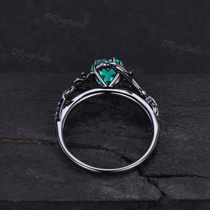 Antique Snake Ring Vintage Heart Cut Green Emerald Engagement Ring Gothic Black Gold Serpent Wedding Ring Black Boho May Birthstone Jewelry