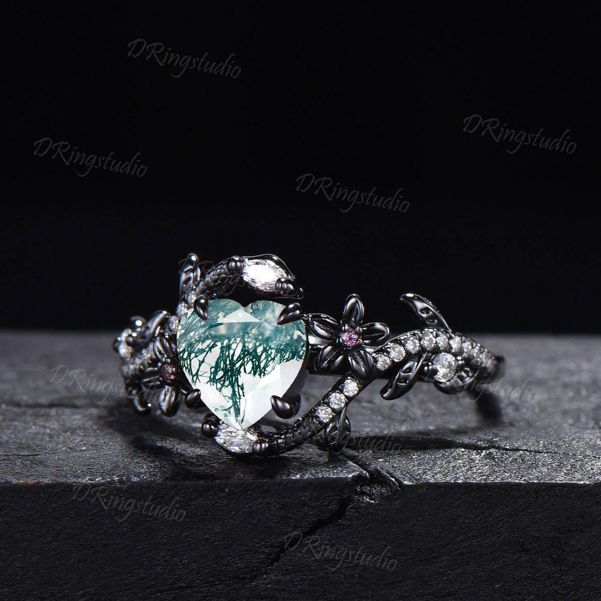 Heart Cut Natural Moss Agate Engagement Ring Black Gold Green Moss Floral Wedding Ring Snake Diamond Ring Witchy Ring Proposal Gift for Her