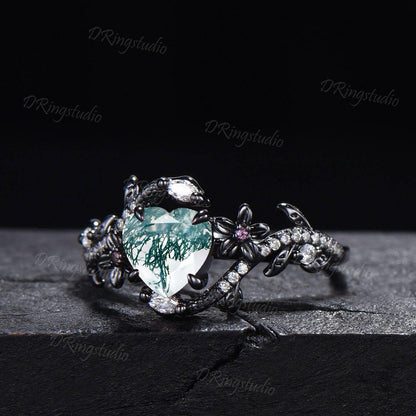 Heart Cut Natural Moss Agate Engagement Ring Black Gold Green Moss Floral Wedding Ring Snake Diamond Ring Witchy Ring Proposal Gift for Her