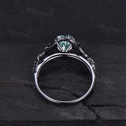 Heart Cut Natural Moss Agate Engagement Ring Black Gold Green Moss Floral Wedding Ring Snake Diamond Ring Witchy Ring Proposal Gift for Her