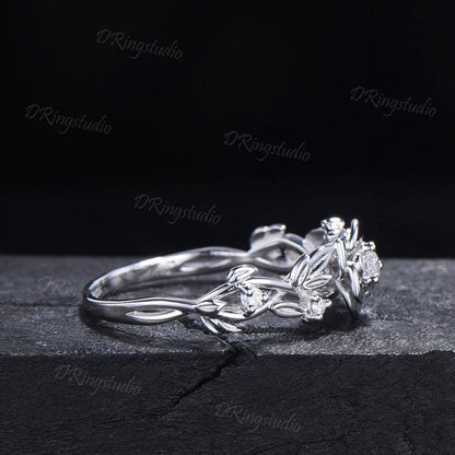 Nature inspired Round Diamond Engagement Ring Floral Wedding Ring Rose Gold Moissanite Ring Leaf Branch Bridal Set Anniversary Gift for Her