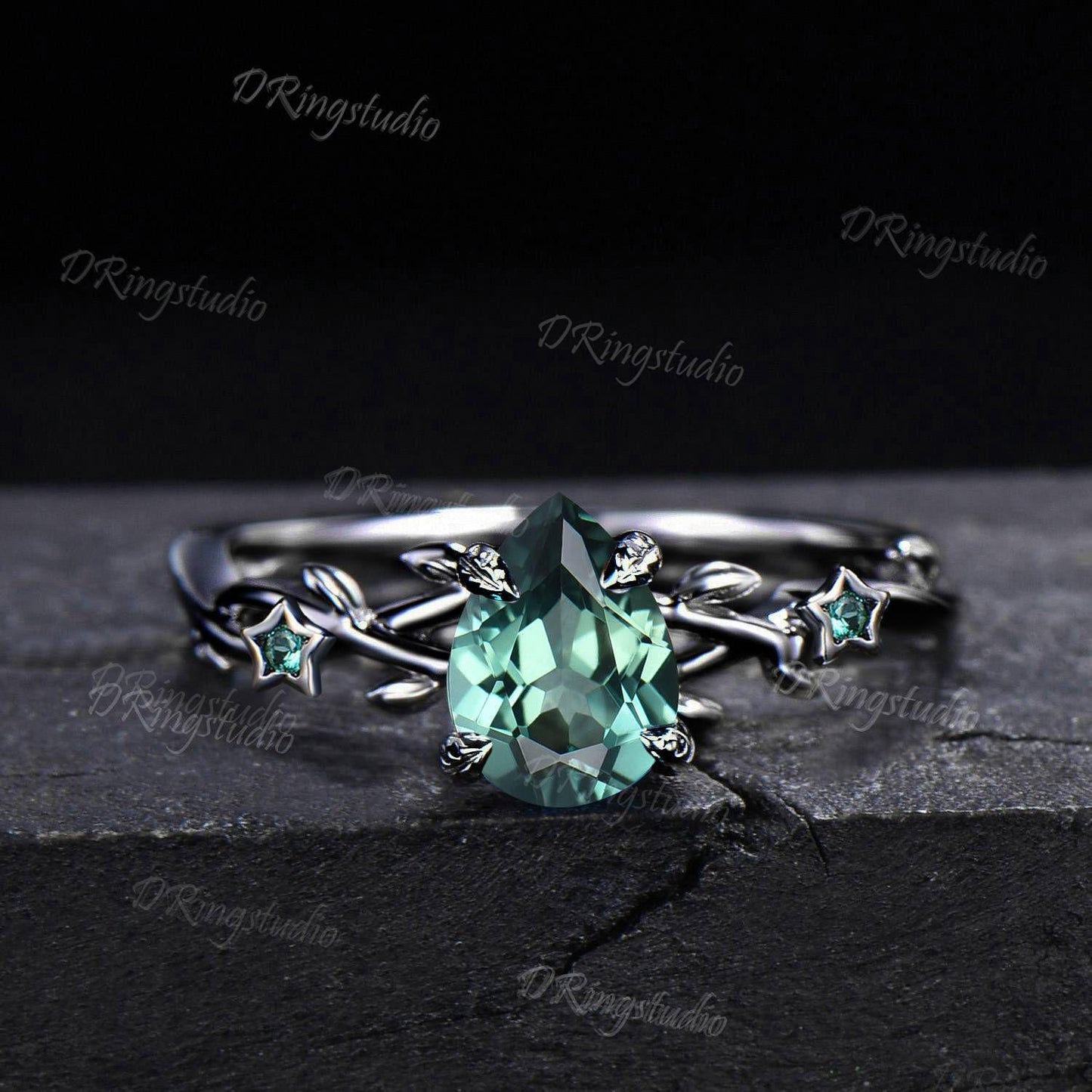 Vintage Pear Green Sapphire Engagement Ring Black Gold Wedding Ring Set Moon Star Promise Ring Cluster Alexandrite Teal Sapphire Bridal Set
