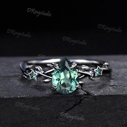 Vintage Pear Green Sapphire Engagement Ring Black Gold Wedding Ring Set Moon Star Promise Ring Cluster Alexandrite Teal Sapphire Bridal Set
