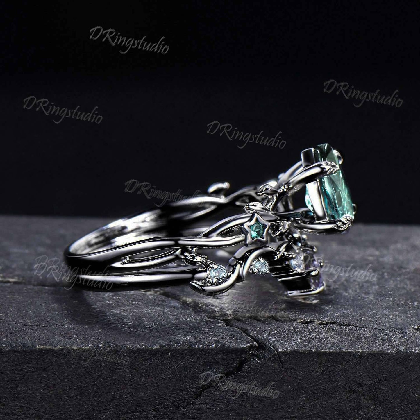 Vintage Pear Green Sapphire Engagement Ring Black Gold Wedding Ring Set Moon Star Promise Ring Cluster Alexandrite Teal Sapphire Bridal Set