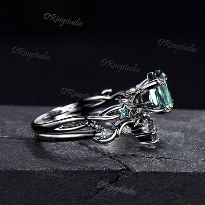 Vintage Pear Green Sapphire Engagement Ring Black Gold Wedding Ring Set Moon Star Promise Ring Cluster Alexandrite Teal Sapphire Bridal Set