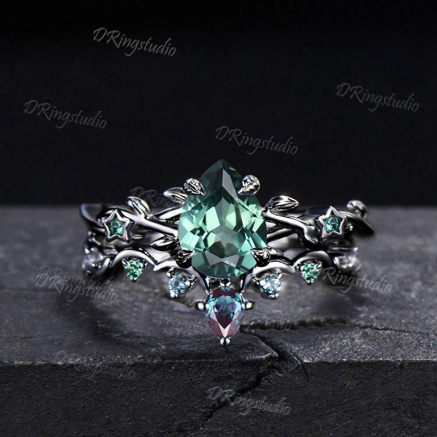 Vintage Pear Green Sapphire Engagement Ring Black Gold Wedding Ring Set Moon Star Promise Ring Cluster Alexandrite Teal Sapphire Bridal Set