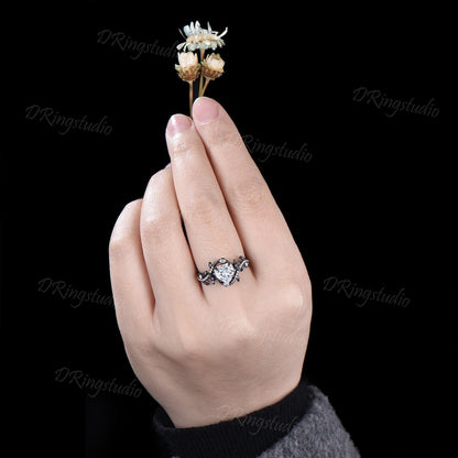 1CT Heart Cut Moissanite Engagement Ring Black Gold Double Snake Ring Cluster Moissanite Diamond Ring Black Flower Wedding Ring Women Gift