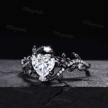 1CT Heart Cut Moissanite Engagement Ring Black Gold Double Snake Ring Cluster Moissanite Diamond Ring Black Flower Wedding Ring Women Gift