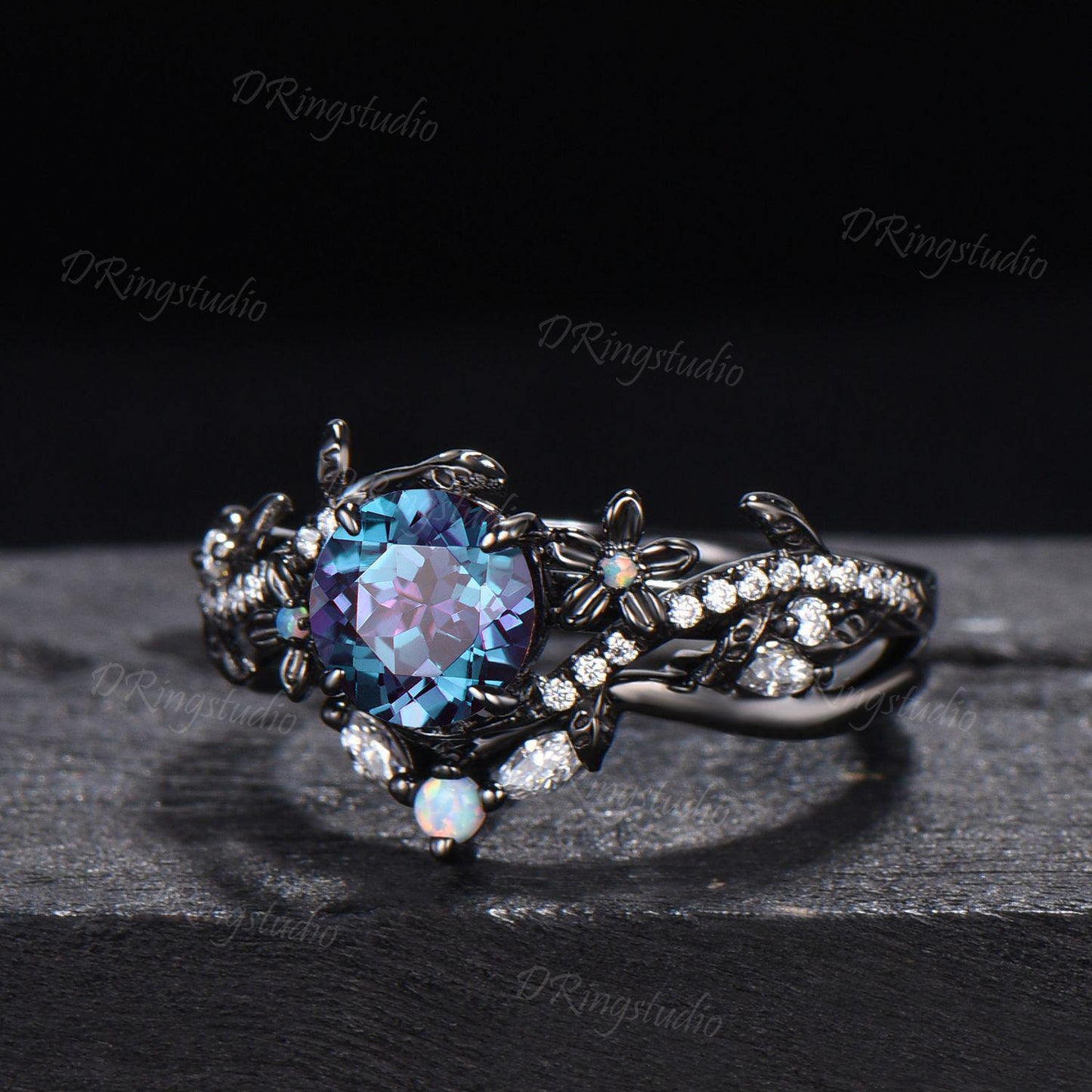 Black Gold Floral Wedding Ring Set Nature Inspired Round Alexandrite Engagement Ring Twist Leaf Moissanite Cluster Bridal Set Proposal Gift