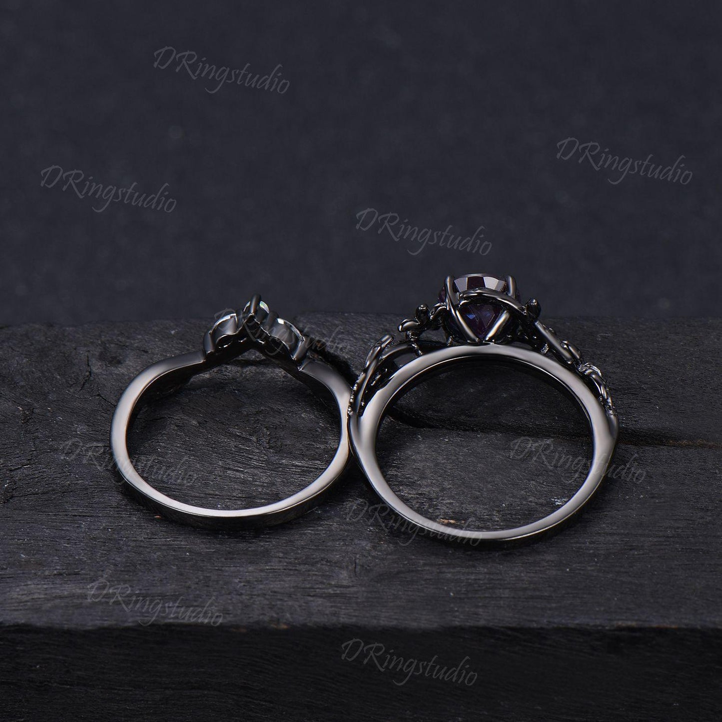 Black Gold Floral Wedding Ring Set Nature Inspired Round Alexandrite Engagement Ring Twist Leaf Moissanite Cluster Bridal Set Proposal Gift