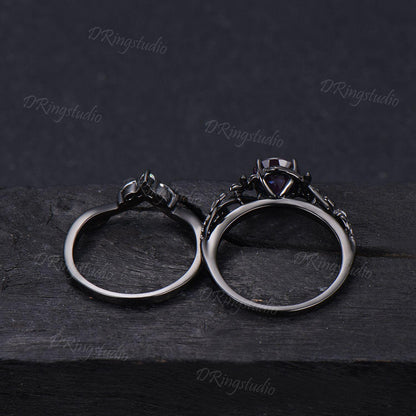Black Gold Floral Wedding Ring Set Nature Inspired Round Alexandrite Engagement Ring Twist Leaf Moissanite Cluster Bridal Set Proposal Gift